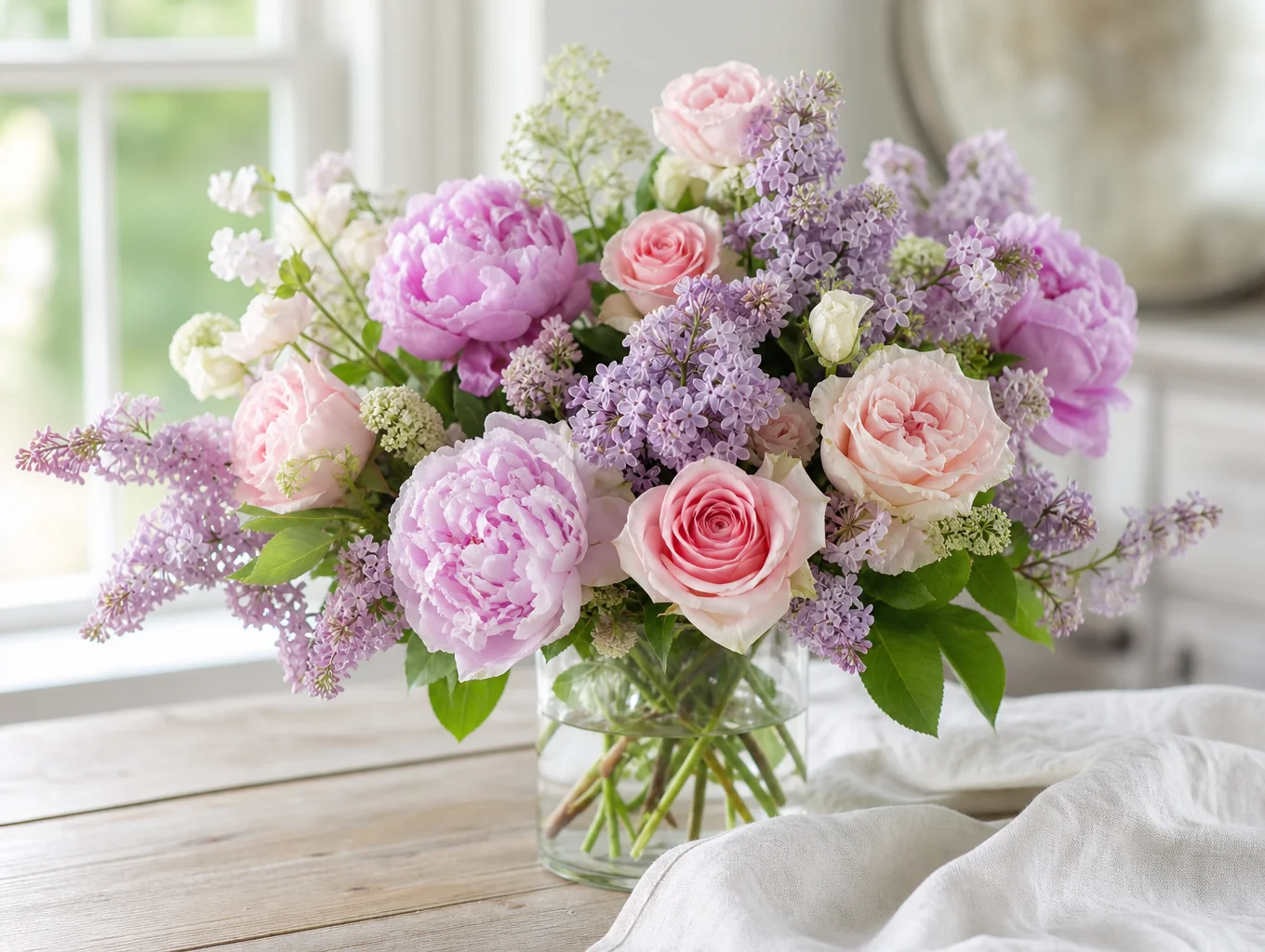Freshly arranged seasonal flowers in a glass vase